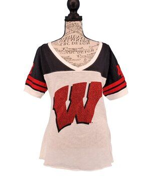 Wisconsin Badgers XL Glitter W Jersey Tee Game Day NCAA Football Red White Shirt